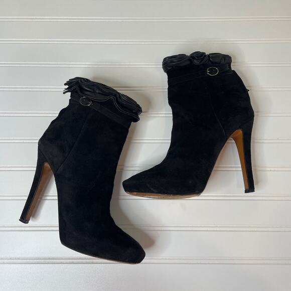 Givenchy Shoes - Givenchy Black Suede Ruffled Stiletto Heeled Boots Size 9.5 Platform Zip Runway